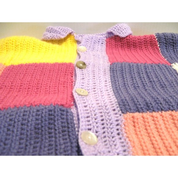 Handmade Crochet Patchwork Jacket Sweater Pink Purple Green Yellow Coral Buttons - Picture 4 of 7